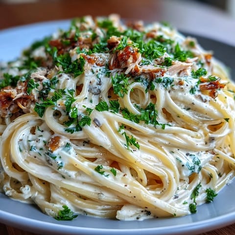 Delicious creamy sardine lemon pasta shimmering under soft light, ready to serve.