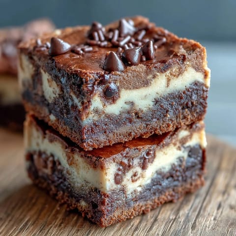 Gooey brownie bottom topped with pumpkin cheesecake swirls, a festive treat.