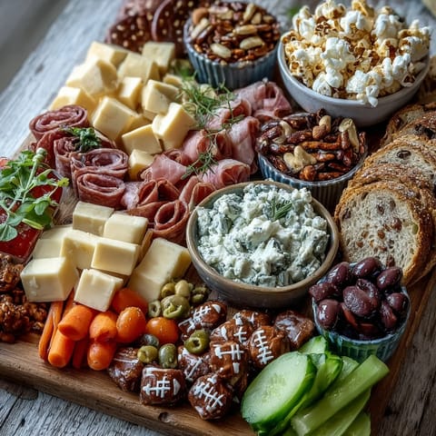 Delicious September Football Snack Board featuring hummus, olives, and crunchy pretzels.