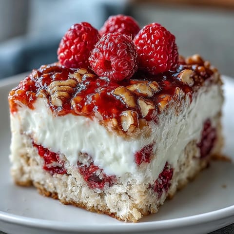 Golden-brown Raspberry Cream Cheese Baked Oatmeal with fresh berry topping baked in dish.
