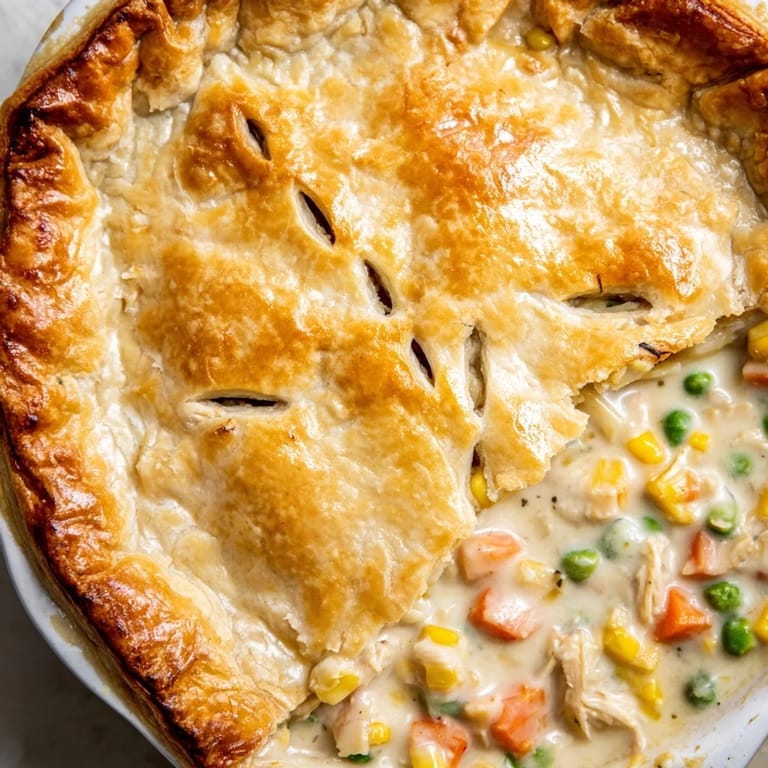 Homemade Chicken Pot Pie with a lattice crust, served hot as a comforting American dinner with a side of greens.