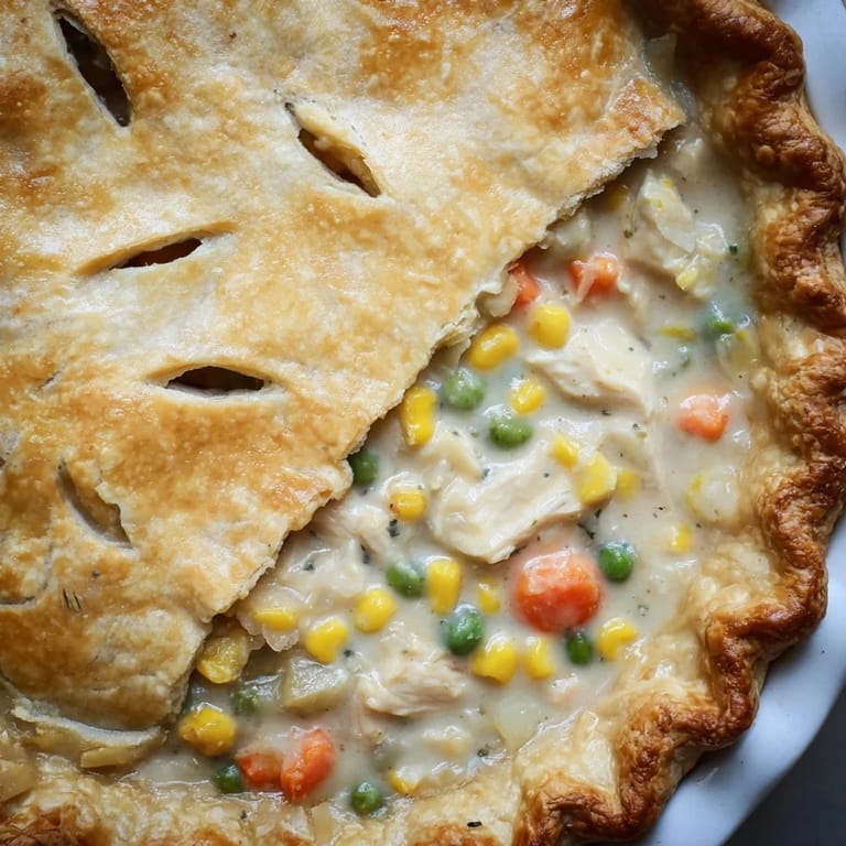 A close-up slice of Chicken Pot Pie reveals tender chicken, carrots, and peas in rich gravy, served on a rustic plate.