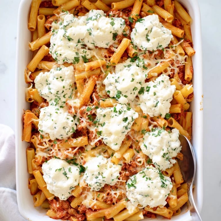 Layered Baked Ziti pasta with creamy ricotta and marinara sauce, served hot from the oven with a side salad.