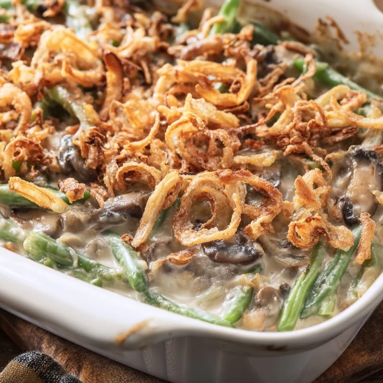 Freshly baked Green Bean Casserole served in a white dish, a classic American side dish.