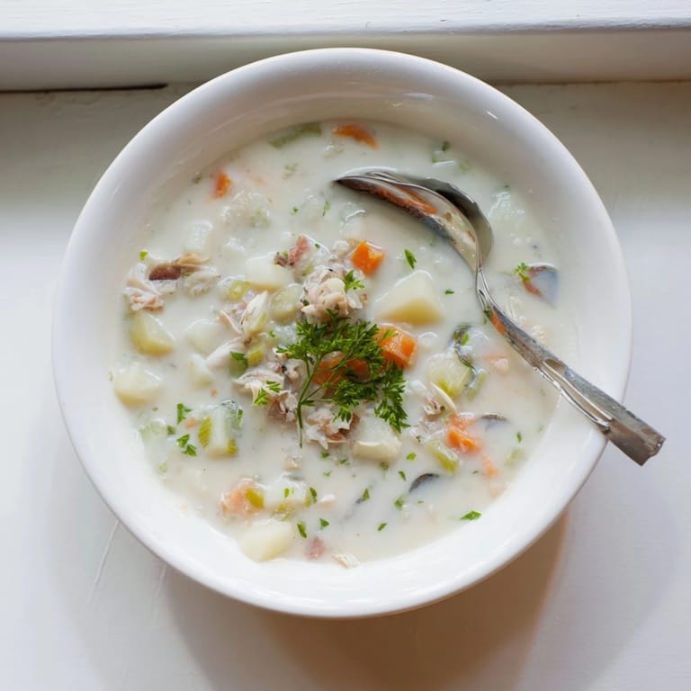 Steaming hot bowl of homemade Clam Chowder, served alongside oyster crackers and crusty bread.