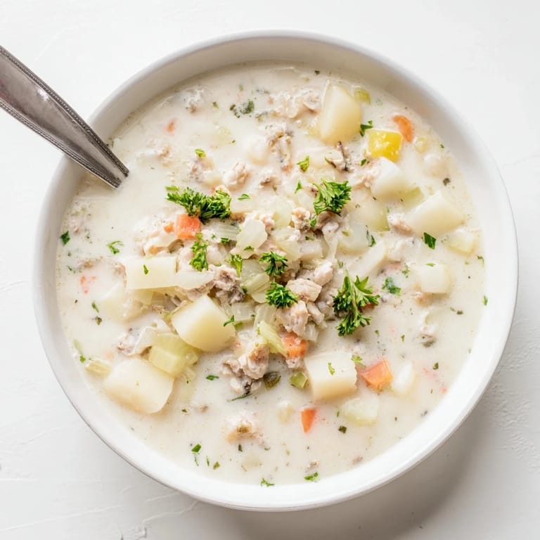 Rich and savory Clam Chowder in a rustic mug, showcasing creamy broth with hearty vegetables.
