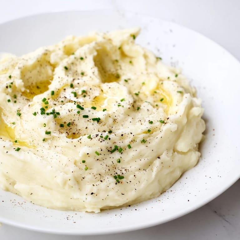 Homestyle Mashed Potatoes garnished with parsley, served hot alongside a plated chicken and green beans.
