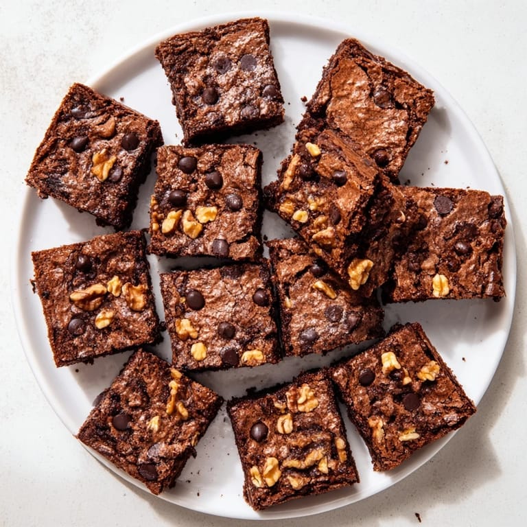 Freshly baked brownies are stacked high, showcasing dense fudgy texture and melty chocolate chips.  