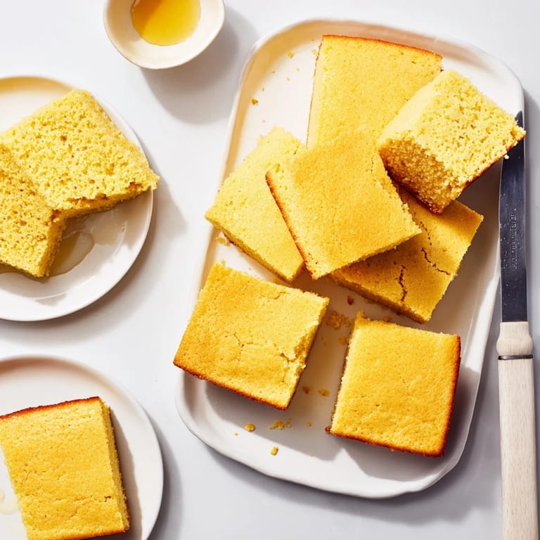 Homemade classic cornbread with a golden crust, drizzled with honey butter, ideal for a comforting and delicious family meal.