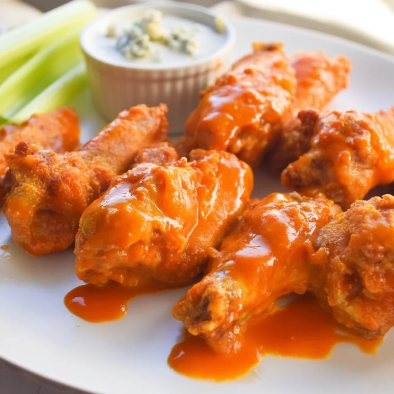 Crispy, saucy Buffalo Wings piled high with crunchy celery sticks on the side for dipping.