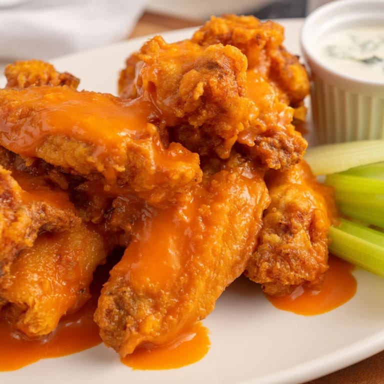 Spicy Buffalo Wings tossed in buttery sauce, served hot with blue cheese dip and celery.