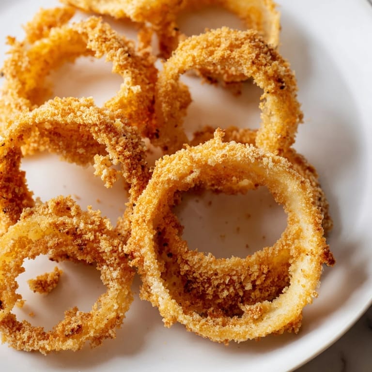 Piping hot Onion Rings stacked on a plate beside creamy ranch dip for dipping.