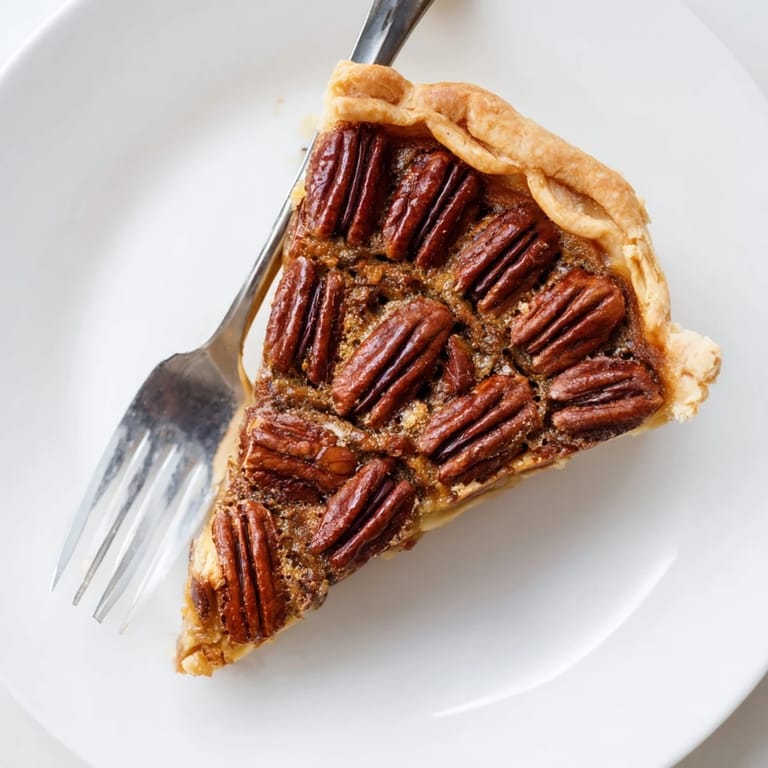 Close-up slice of homemade pecan pie on a ceramic plate, revealing a rich custard texture and topped with a dollop of whipped cream.