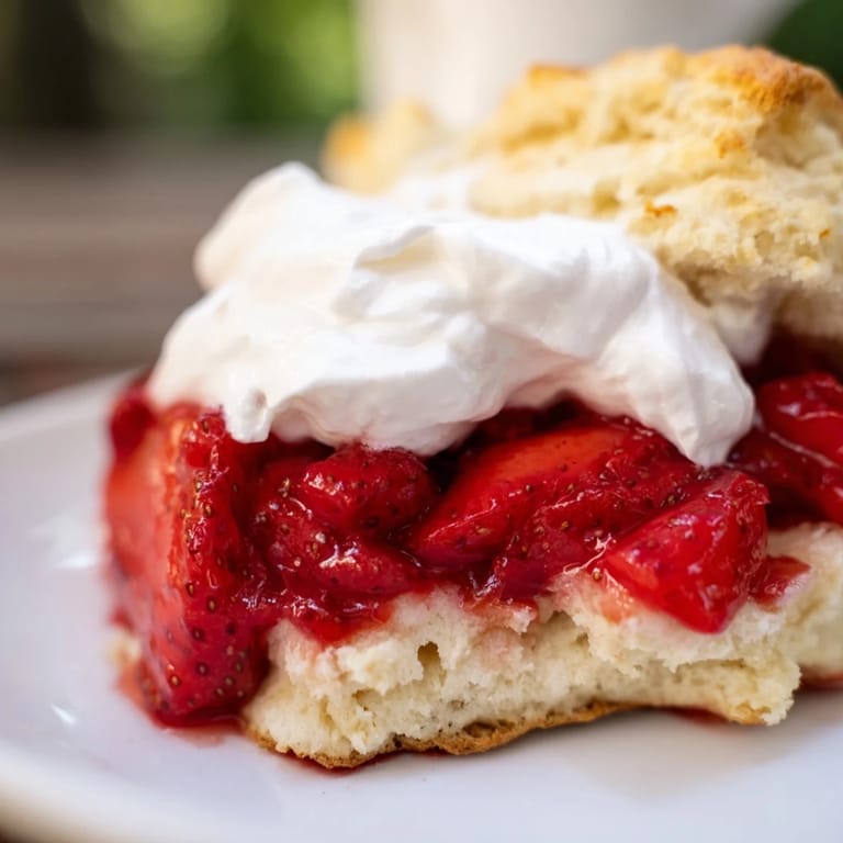 Classic American Strawberry Shortcake featuring tender split biscuits, sweet macerated strawberries, and soft peaks of whipped cream.