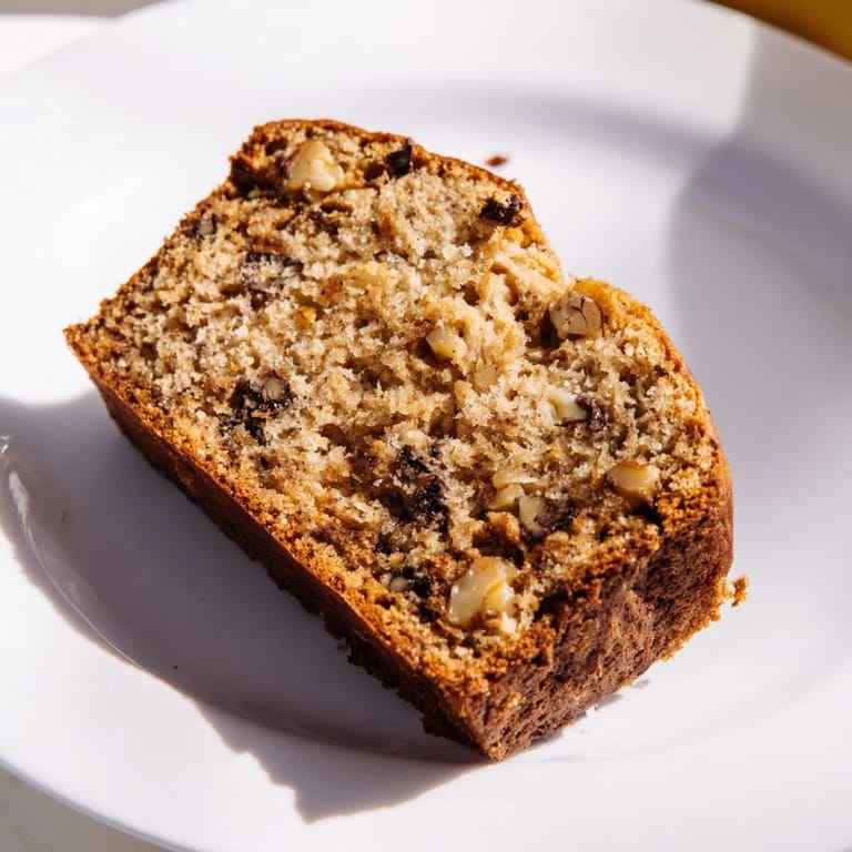 A rustic loaf of Banana Bread topped with chopped walnuts, served on a wooden board for breakfast.