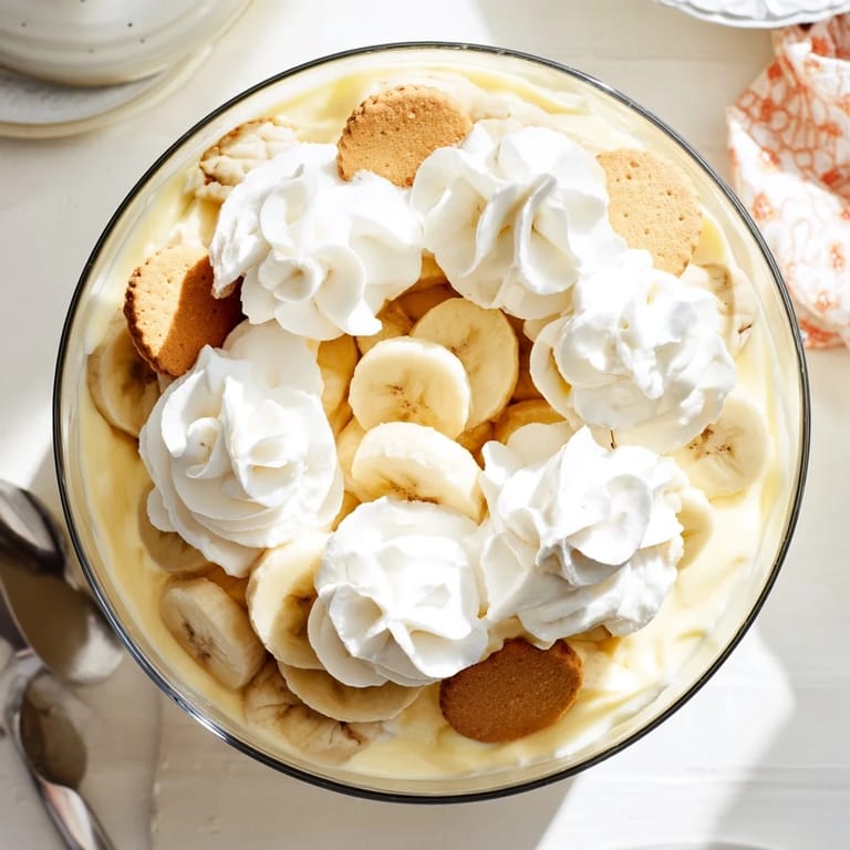 Sliced bananas and vanilla wafers nestled in rich, homemade vanilla pudding, finished with fluffy whipped cream for a classic Southern dessert.