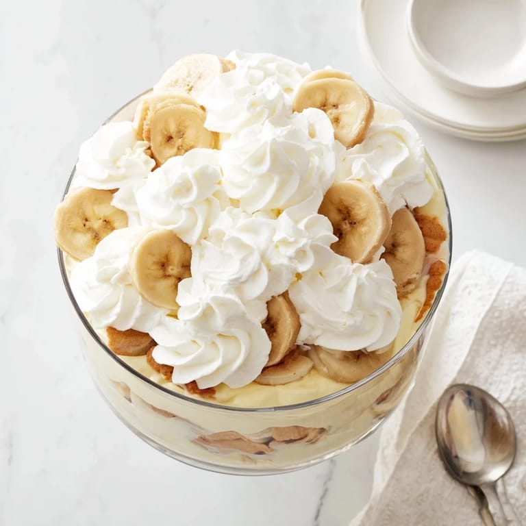 Homemade Banana Pudding layered with cookies and ripe bananas, crowned with piped whipped cream, ready to serve chilled and refreshing.