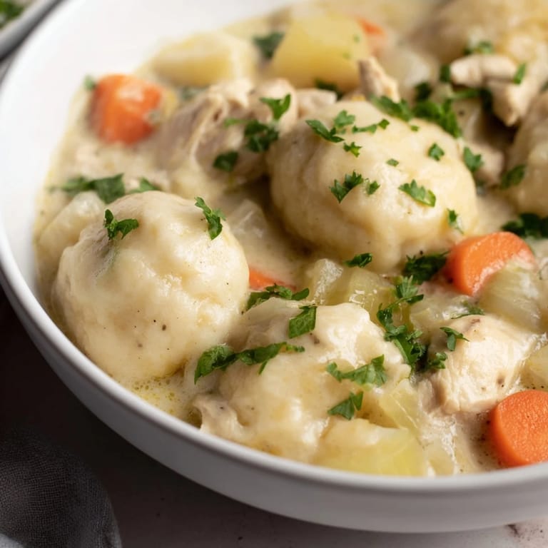 Close-up of a rustic Dutch oven filled with classic Chicken and Dumplings, garnished with fresh parsley and served alongside crusty bread.
