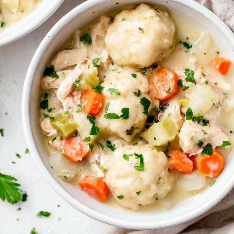 Comforting bowl of classic Chicken and Dumplings, ready to eat, with golden dumplings and vibrant vegetables floating in a rich, savory broth.