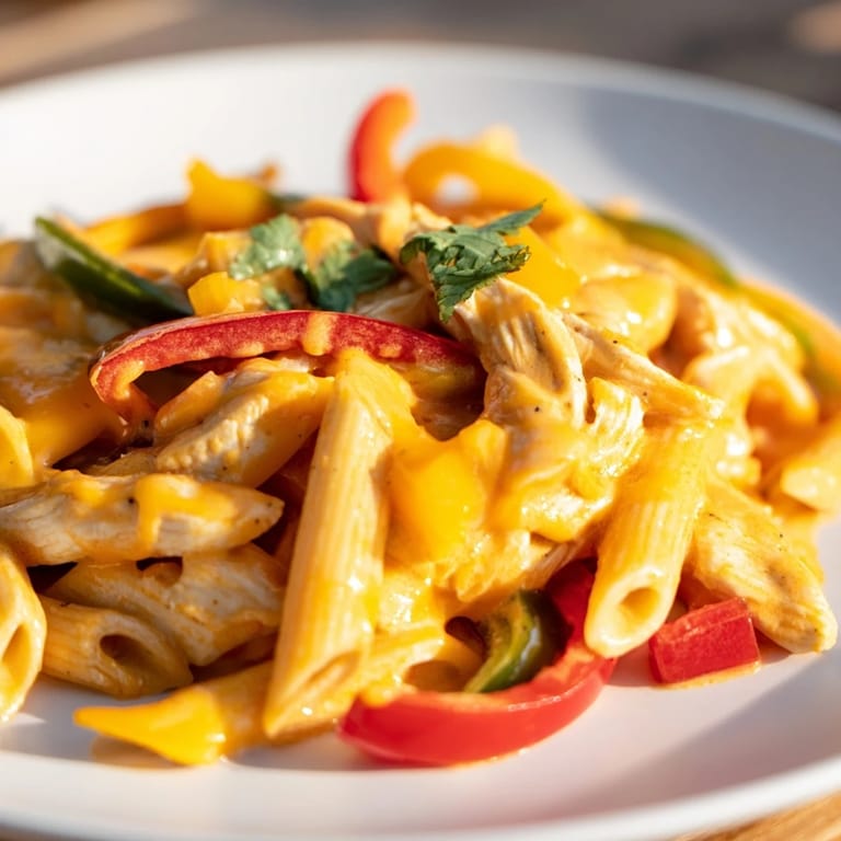 Chicken Fajita Pasta Skillet features sautéed chicken, onions, and peppers in a creamy, spicy sauce.