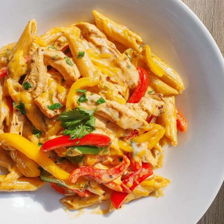 One-pan Chicken Fajita Pasta Skillet with golden pasta, lime wedges, and fresh cilantro topping.