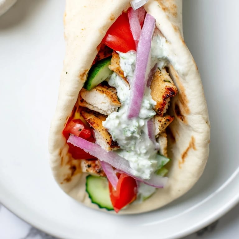 Hand holding a soft pita wrap stuffed with marinated grilled chicken, tzatziki sauce, and fresh vegetables, ready to be enjoyed as a flavorful meal.