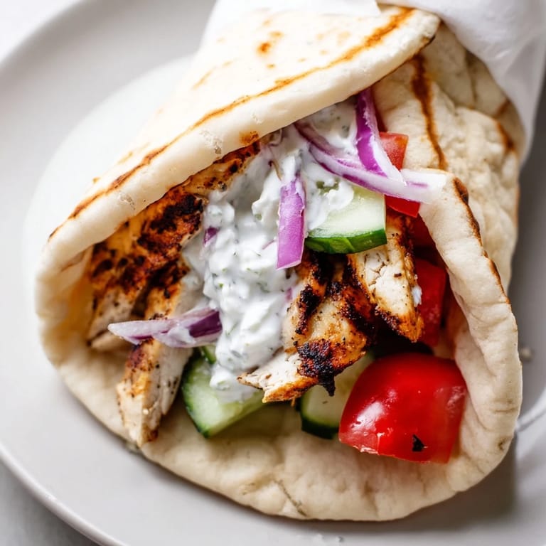 Freshly assembled Greek Chicken Wrap cut in half to reveal colorful layers of Mediterranean ingredients, perfect for a quick and healthy lunch or dinner.