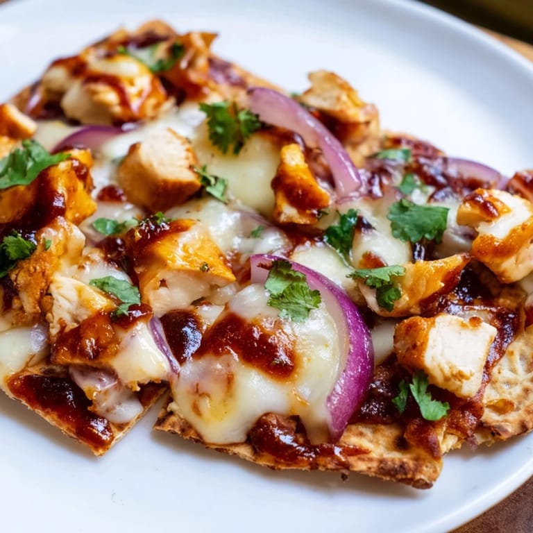 Sliced BBQ Chicken Flatbread pieces arranged on a white plate, perfect for a quick weeknight dinner or casual party appetizer.