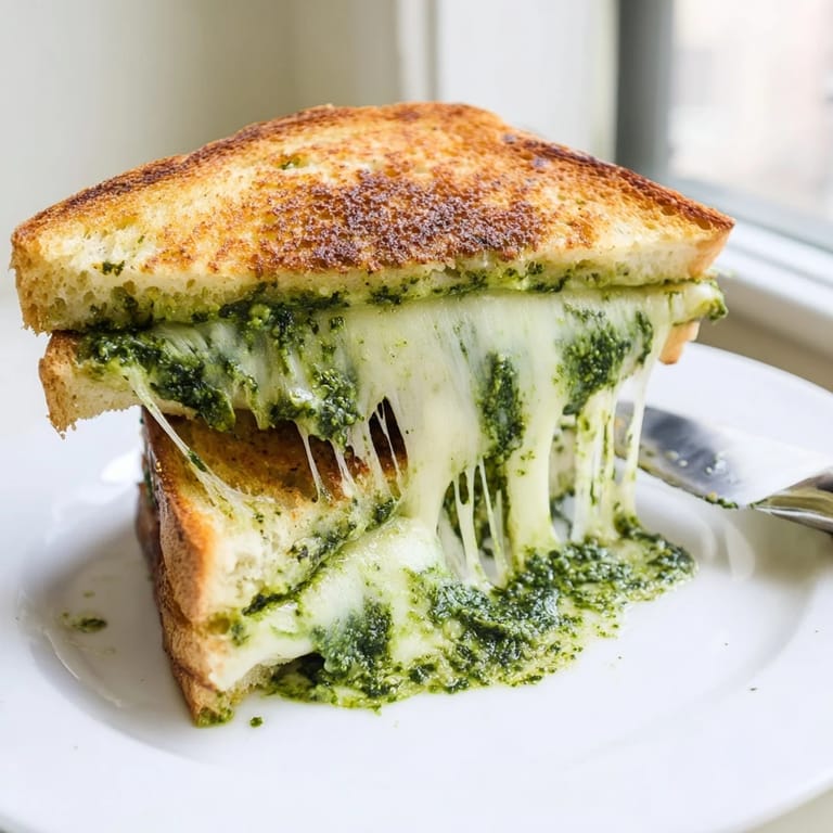 A visually impaired user can imagine the gooey melted cheese and garlicky green pesto filling between golden-brown bread slices.