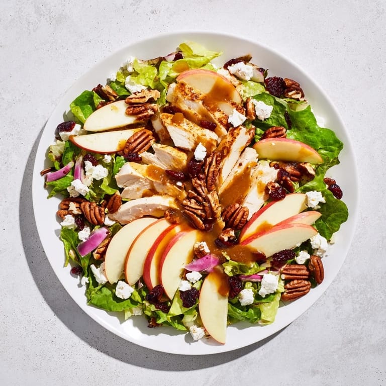 Savory chicken meets sweet apple and tangy feta on fresh greens, glistening with homemade caramel-pecan dressing and dried cranberries.