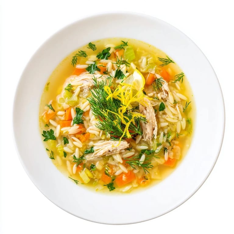 A comforting Chicken Lemon Orzo Soup served hot, featuring tender chicken, carrots, celery, and a bright squeeze of lemon.