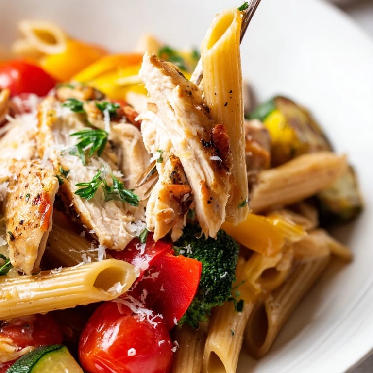 Serve this Garlic Herb Chicken & Veg Pasta hot, garnished with fresh parsley and grated Parmesan.