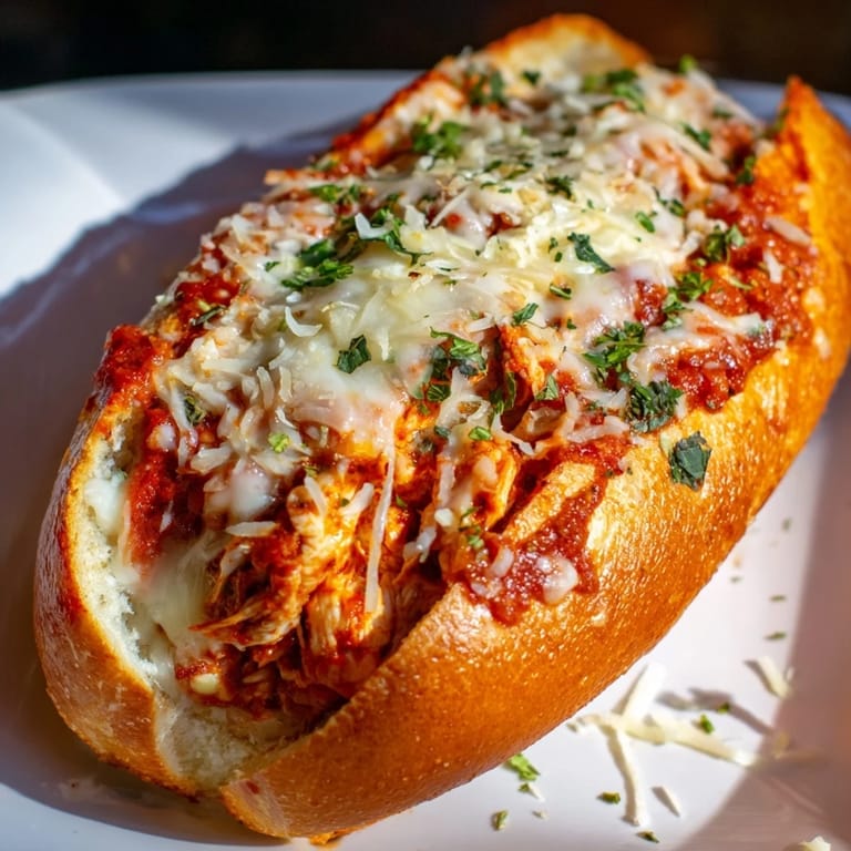 Freshly baked Chicken Parm Stuffed Garlic Bread sits on a wooden board, garnished with parsley and ready to slice for dinner.