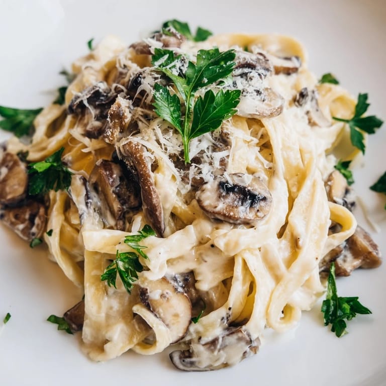 Steaming bowl of Creamy Mushroom Alfredo garnished with fresh parsley and grated Parmesan, paired with a crisp side salad.