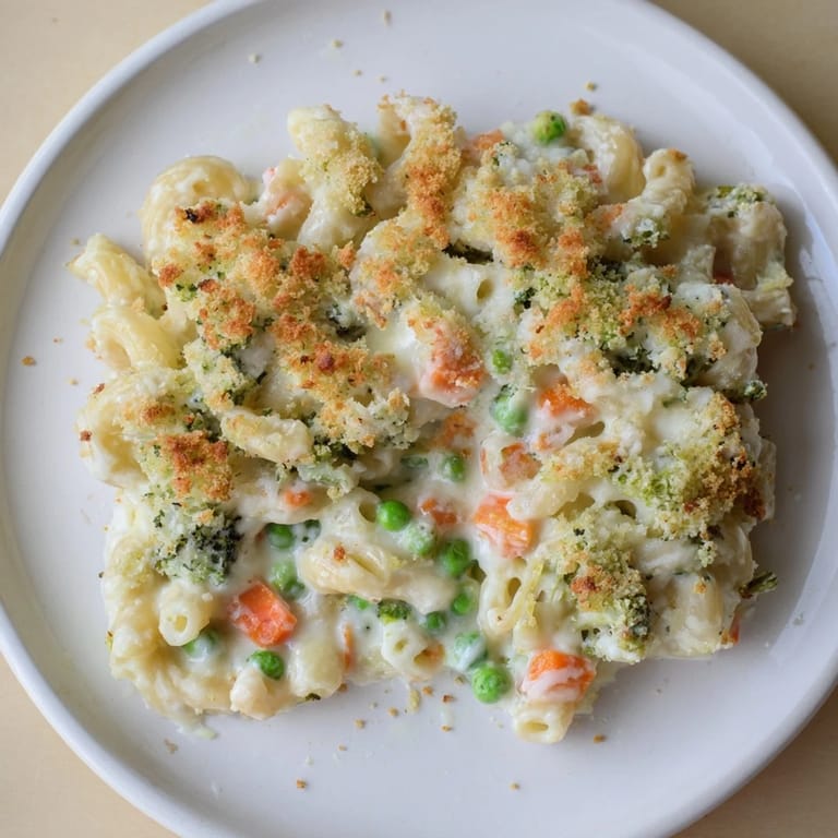 Creamy Garden Veg Mac and Cheese in a white bowl, garnished with fresh parsley and Parmesan.