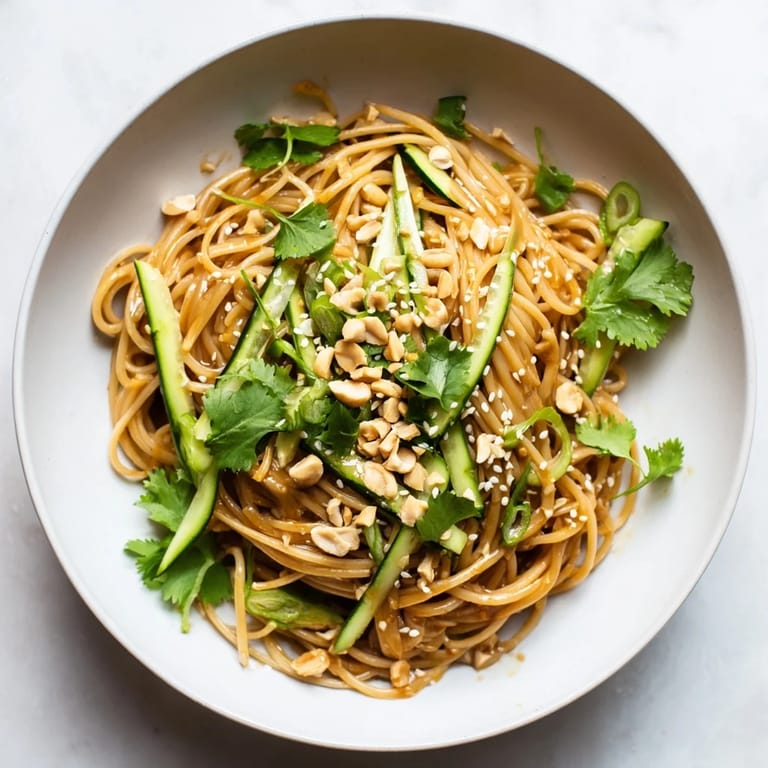 Spicy Sesame Noodle Salad tossed in a bold sesame-soy-chili dressing, topped with chopped peanuts and spring onions for a quick lunch.  