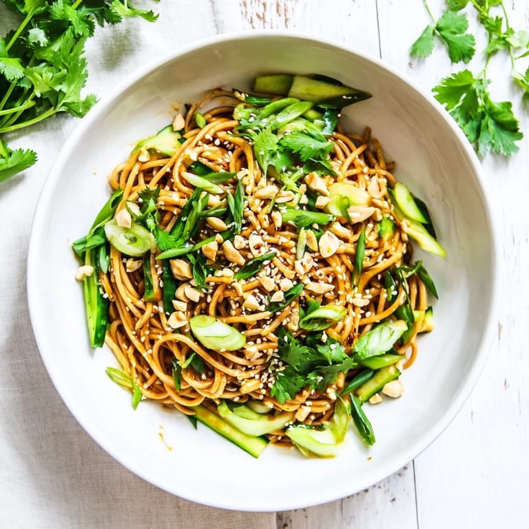 Vibrant bowl of Spicy Sesame Noodle Salad featuring glossy noodles, crisp veggies, and herbs, perfect for a light vegetarian dinner.