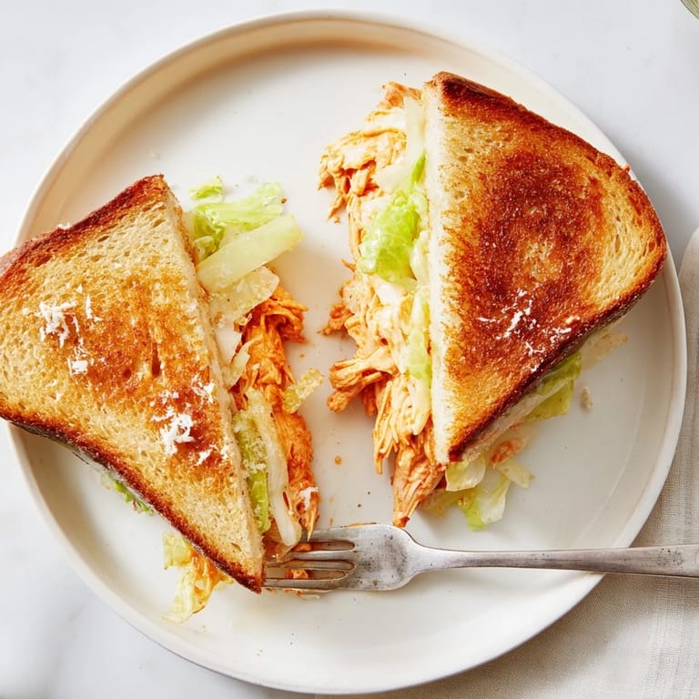 Crunchy sourdough Buffalo Chicken Caesar Grilled Cheese stuffed with spicy chicken and creamy Caesar dressing.