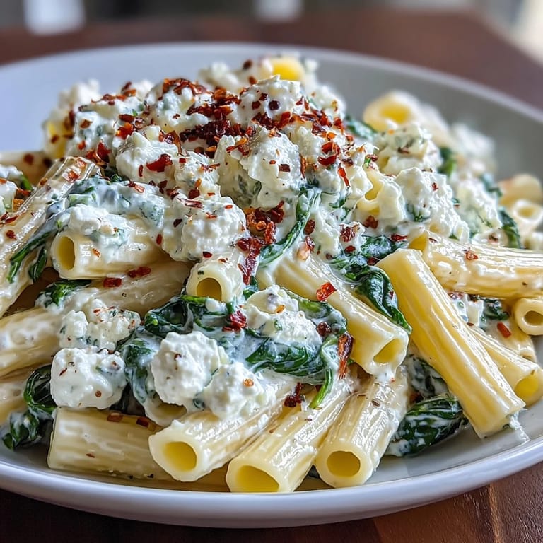Close-up of Creamy Feta Spinach Pasta with vibrant green spinach twirled.