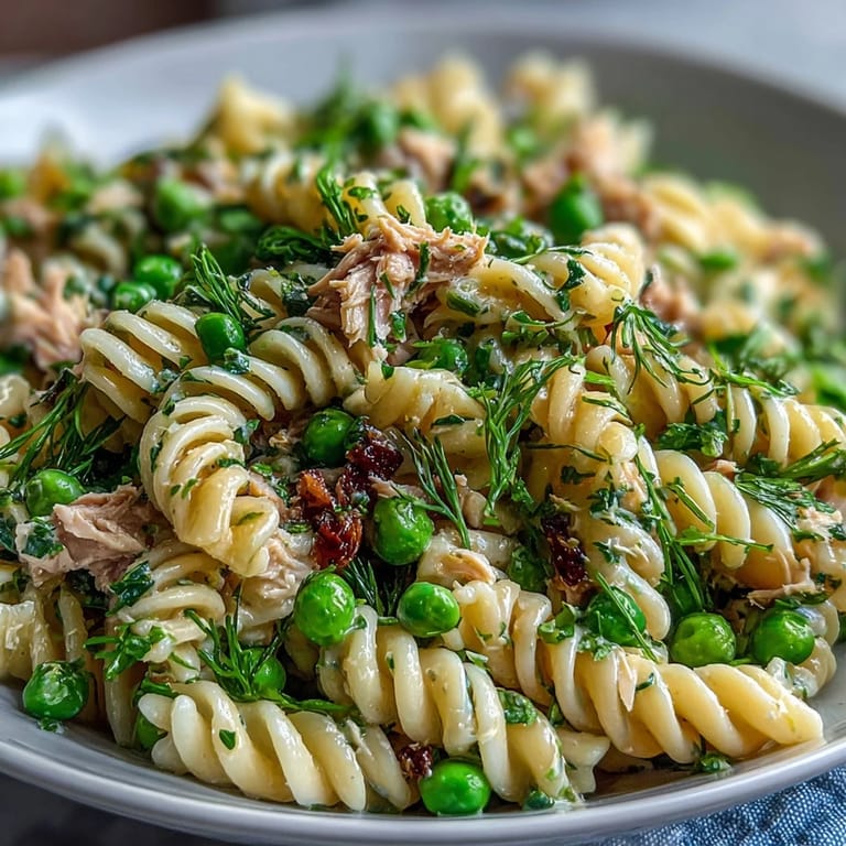 This vibrant Lemony Tuna Pasta Salad is served in a white ceramic bowl, perfect for a refreshing lunch or light picnic dinner.  