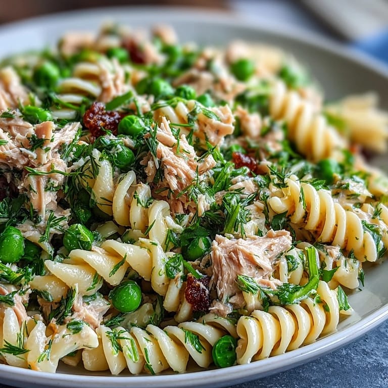 Freshly prepared Lemony Tuna Pasta Salad showcases tender pasta, savory tuna, and sweet peas, all dressed in a zesty lemon-herb vinaigrette.