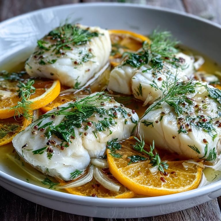 Flavorful poached cod with fennel, orange, and hint of wine, delightfully prepared.