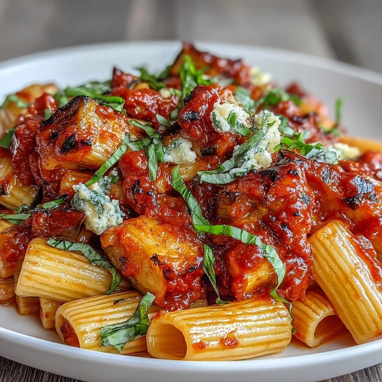 Golden roasted eggplant meets savory tomato sauce in this Pasta Alla Norma dish.