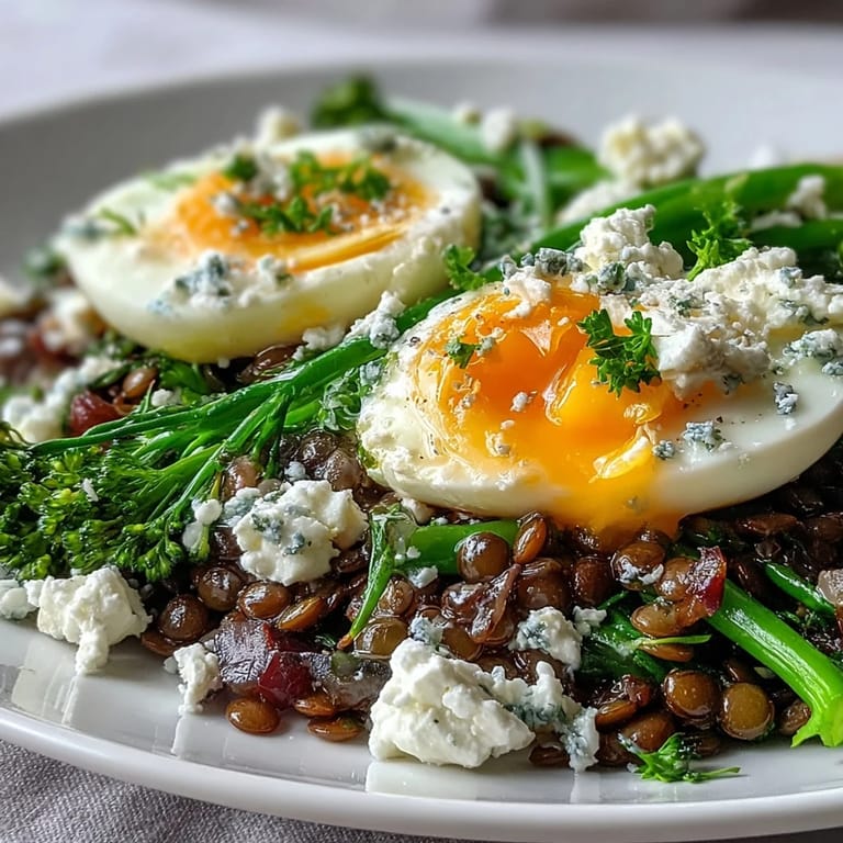 Savory French Lentil Salad featuring crisp broccolini and jammy eggs.