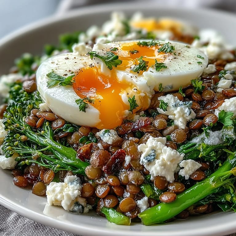 Hearty French Lentil Salad with tender broccolini, perfect for lunch.