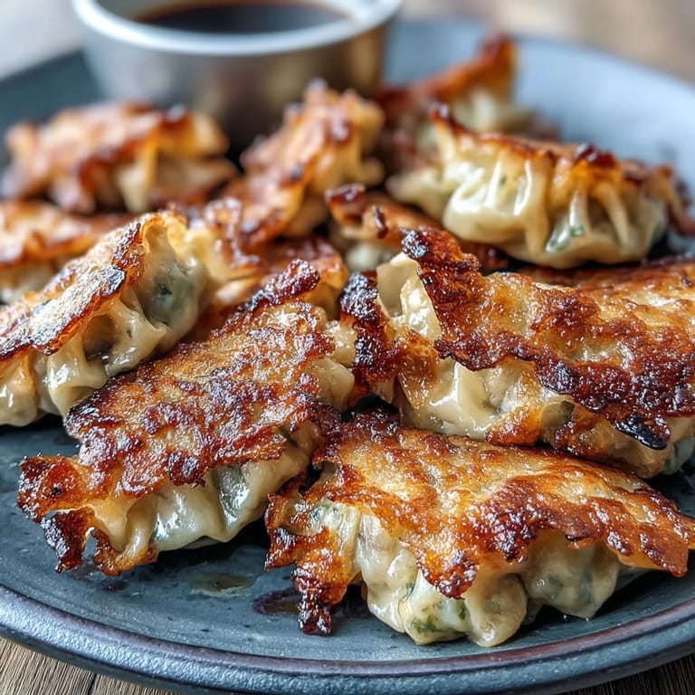 Pan-seared smashed gyozas with tender filling, perfect for weeknight indulgence.