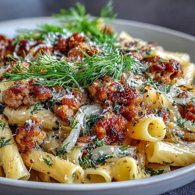 Warming Winter Pasta with Sausage and Fennel, topped with fresh Parmesan and herbs.