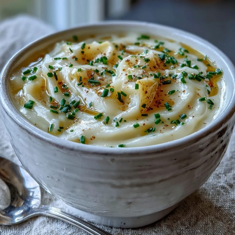 Luxurious Potato Leek Soup garnished with seared shrimp and scallops, paired with crusty bread for dipping.