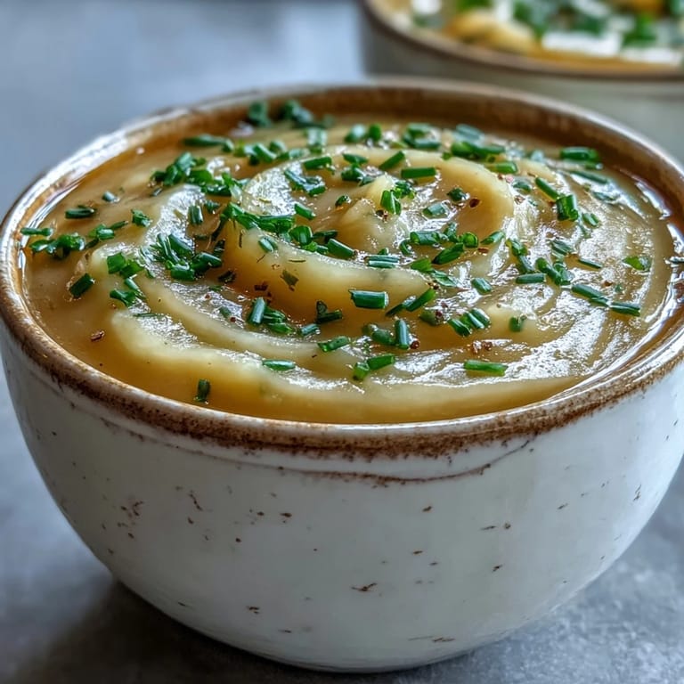 Bowl of silky Potato Leek Soup with a swirl of cream, served with crusty bread for dipping.