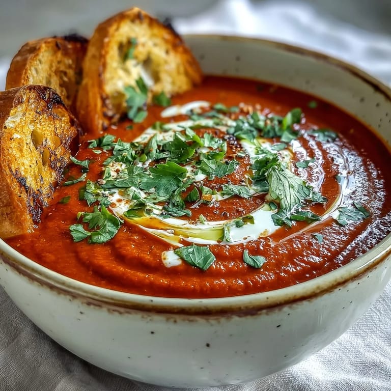 Charred red pepper soup topped with herbs, served alongside crusty bread on a rustic table.